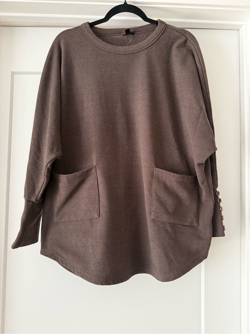 Coco + Carmen Women’s Weekend Pocket Pullover Sweater w/ Button Backed- Brown